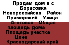 Продам дом в с.Борисовка Новороссийска › Район ­ Приморский › Улица ­ Агатовая › Общая площадь дома ­ 100 › Площадь участка ­ 4 › Цена ­ 3 500 000 - Краснодарский край, Новороссийск г. Недвижимость » Дома, коттеджи, дачи продажа   . Краснодарский край,Новороссийск г.
